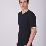 Polo Cuello Redondo Manga Corta Puño Rayas Azul