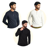 Pack de 3 Polos Cuello Henley Manga Larga Azul, Blanco y Negro